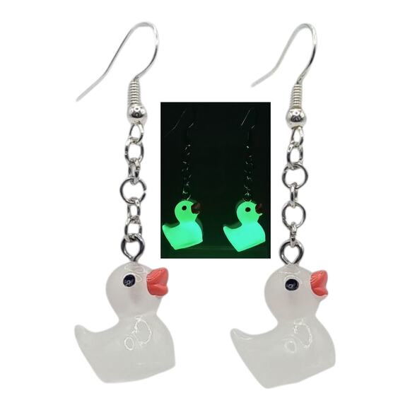 handmade Jewelry - Glow in the Dark Duck Earrings Rave Festival Rubber Duck Jewelry